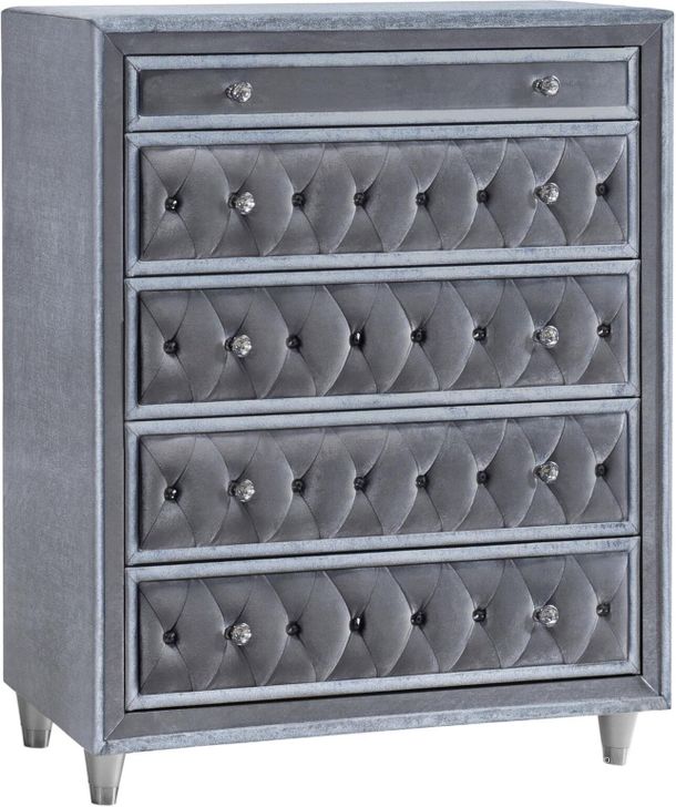 The appearance of Antonella 5-Drawer Upholstered Chest In Grey designed by Coaster in the modern / contemporary interior design. This grey piece of furniture  was selected by 1StopBedrooms from Antonella Collection to add a touch of cosiness and style into your home. Sku: 223585. Material: Upholstered. Product Type: Chest. Image1