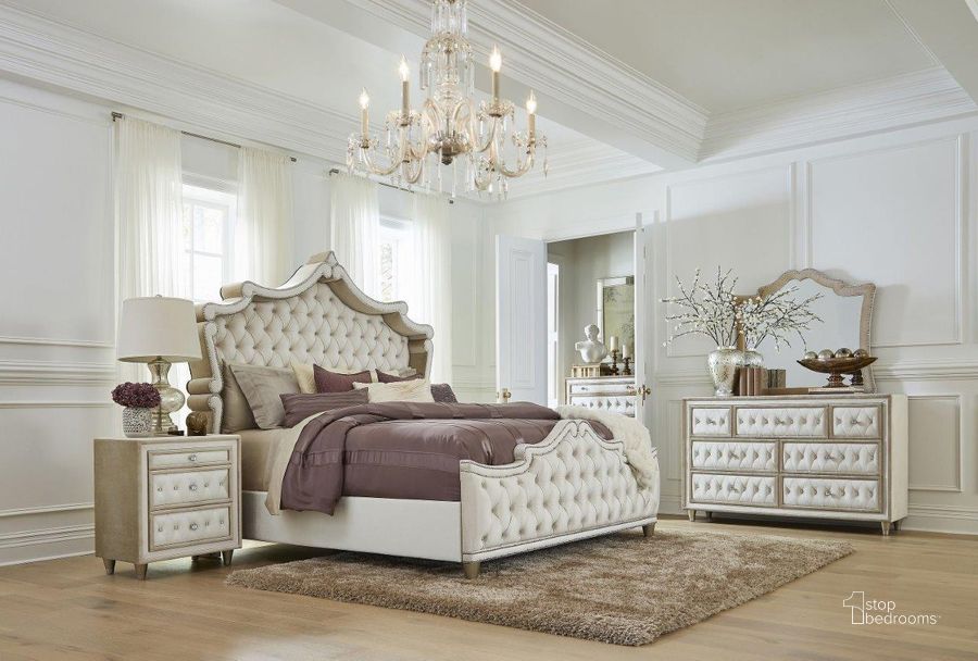 The appearance of Antonella Ivory And Camel Upholstered Panel Bedroom Set designed by Coaster in the modern / contemporary interior design. This white piece of furniture  was selected by 1StopBedrooms from Antonella Collection to add a touch of cosiness and style into your home. Sku: 223521QB1;223521QB2;223521QB3;223522. Bed Type: Panel Bed. Material: Wood. Product Type: Panel Bed. Bed Size: Queen. Image1