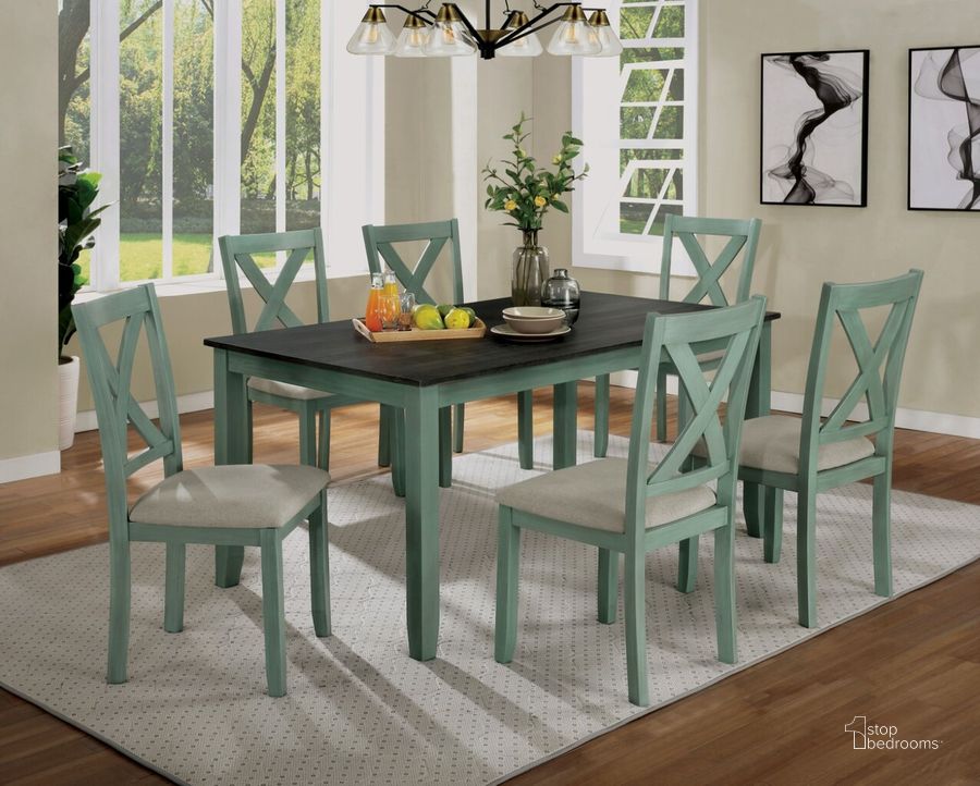 The appearance of Anya 7 Piece Dining Table Set In Distressed Teal and Distressed Gray designed by Furniture of America in the rustic / southwestern interior design. This teal and grey piece of furniture  was selected by 1StopBedrooms from Anya Collection to add a touch of cosiness and style into your home. Sku: CM3476GR-T-7PK. Material: Wood. Product Type: Dining Room Set. Image1