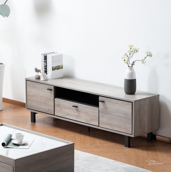 The appearance of Apollo Gray Oak Finish TV Stand With Storage, Cable Management And Black Handles designed by Lilola Home in the transitional interior design. This gray piece of furniture  was selected by 1StopBedrooms from Apollo Collection to add a touch of cosiness and style into your home. Sku: 97000. Product Type: TV Stand. Material: Melamine. Image1