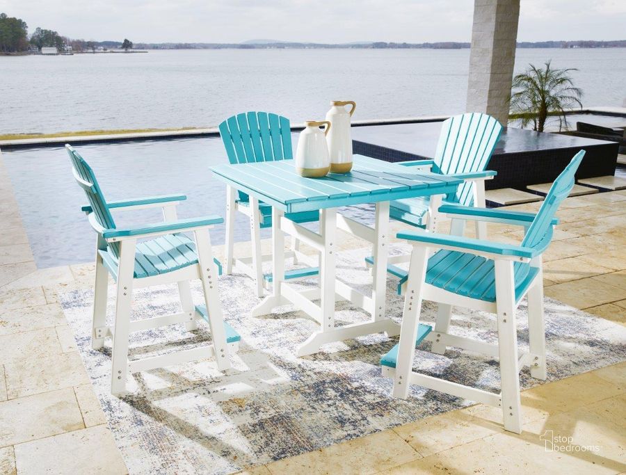 The appearance of Apostolos Turquoise/White Outdoor Dining Furniture Set designed by Isaac Tahari in the transitional interior design. This turquoise/white piece of furniture  was selected by 1StopBedrooms from Apostolos Collection to add a touch of cosiness and style into your home. Sku: P208-632;P208-124. Table Top Shape: Square. Product Type: Outdoor Dining Set. Size: 42". Image1