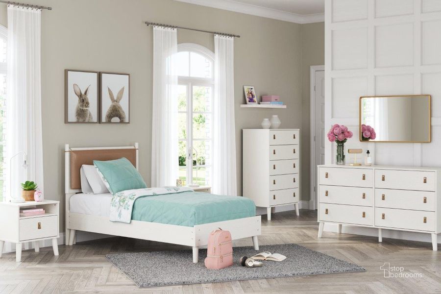The appearance of Aprilyn White Youth Platform Bedroom Set designed by Signature Design by Ashley in the modern / contemporary interior design. This white piece of furniture  was selected by 1StopBedrooms from Aprilyn Collection to add a touch of cosiness and style into your home. Sku: EB1024-111;EB1024-155;EB1024-291. Bed Type: Platform Bed. Material: Wood. Product Type: Platform Bed. Bed Size: Twin. Image1