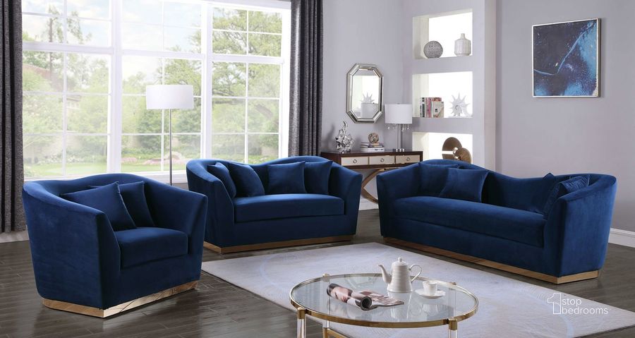 The appearance of Arabella Living Room Set (Navy) designed by Meridian in the modern / contemporary interior design. This navy velvet piece of furniture  was selected by 1StopBedrooms from Arabella Collection to add a touch of cosiness and style into your home. Sku: 617Navy-S;617Navy-L. Product Type: Living Room Set. Material: Velvet. Image1