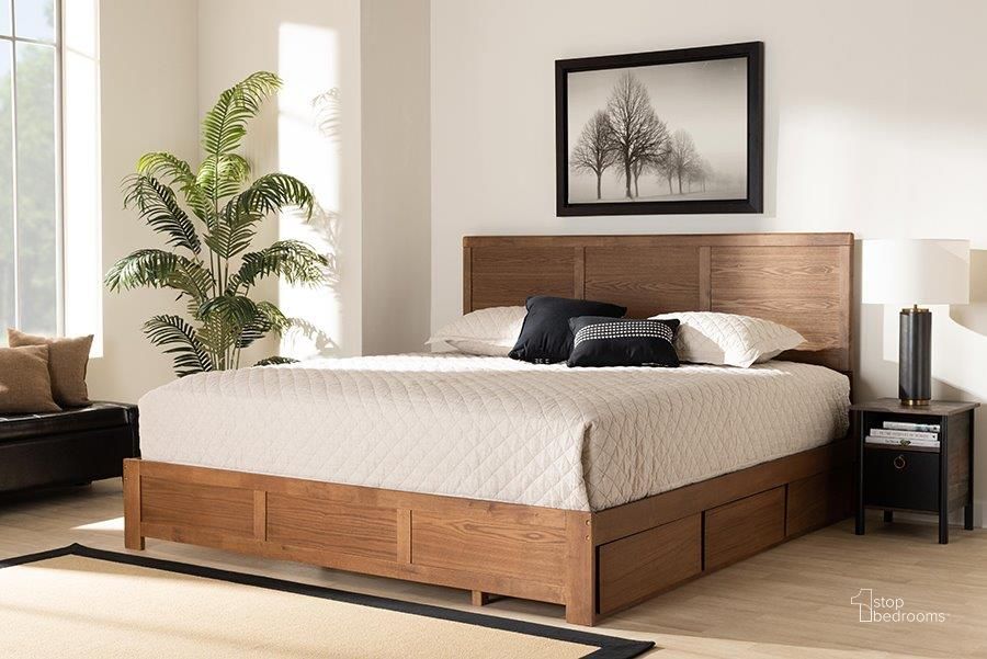 The appearance of Aras Modern and Contemporary Transitional Ash Walnut Brown Finished Wood King Size 3-Drawer Platform Storage Bed designed by Baxton Studio in the modern / contemporary interior design. This ash walnut piece of furniture  was selected by 1StopBedrooms from Aras Collection to add a touch of cosiness and style into your home. Sku: Aras-Ash Walnut-King. Bed Type: Storage Bed. Product Type: Storage Bed. Bed Size: King. Material: Rubberwood. Image1