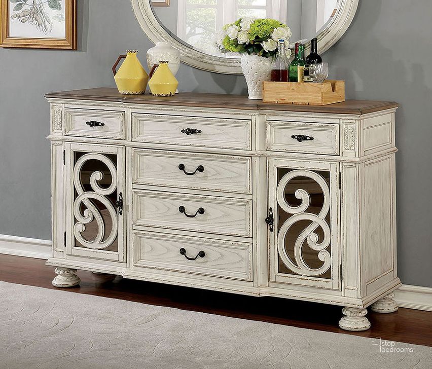 The appearance of Arcadia Antique White Server designed by Furniture of America in the rustic / southwestern interior design. This white piece of furniture  was selected by 1StopBedrooms from Arcadia Collection to add a touch of cosiness and style into your home. Sku: CM3150WH-SV. Material: Wood. Product Type: Buffets, Sideboards and Server. Image1