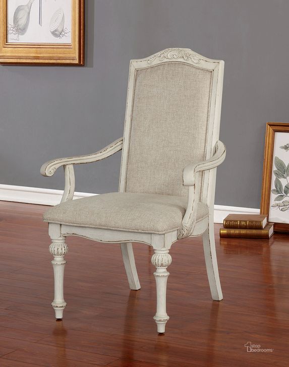 The appearance of Arcadia Arm Chair Set of 2 In Antique White designed by Furniture of America in the rustic / southwestern interior design. This antique white piece of furniture  was selected by 1StopBedrooms from Arcadia Collection to add a touch of cosiness and style into your home. Sku: CM3150WH-AC-2PK. Material: Wood. Product Type: Arm Chair.