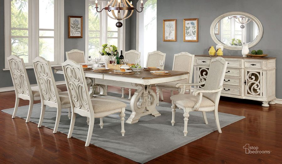 The appearance of Arcadia Dining Table In Antique White designed by Furniture of America in the rustic / southwestern interior design. This antique white piece of furniture  was selected by 1StopBedrooms from Arcadia Collection to add a touch of cosiness and style into your home. Sku: CM3150WH-T-1;CM3150WH-T-2. Table Base Style: Trestle. Material: Wood. Product Type: Dining Table. Table Top Shape: Rectangular. Image1