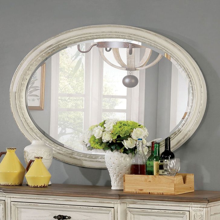The appearance of Arcadia Oval Mirror In Antique White designed by Furniture of America in the rustic / southwestern interior design. This antique white piece of furniture  was selected by 1StopBedrooms from Arcadia Collection to add a touch of cosiness and style into your home. Sku: CM3150WH-MO. Material: Wood. Product Type: Dresser Mirror.