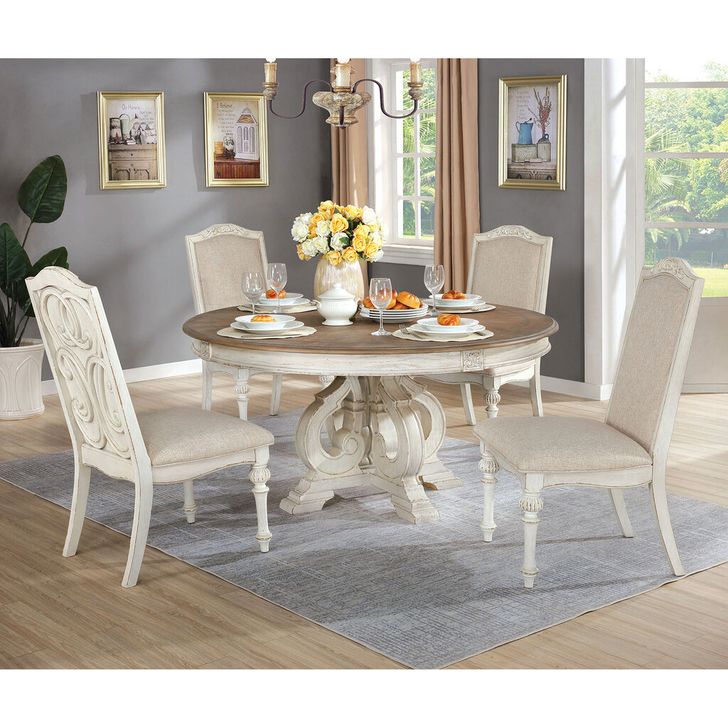 The appearance of Arcadia Round Table In Antique White and Ivory designed by Furniture of America in the rustic / southwestern interior design. This antique white and ivory piece of furniture  was selected by 1StopBedrooms from Arcadia Collection to add a touch of cosiness and style into your home. Sku: CM3150WH-RT. Table Base Style: Pedestal. Table Top Shape: Round. Material: Wood. Product Type: Dining Table. Image1