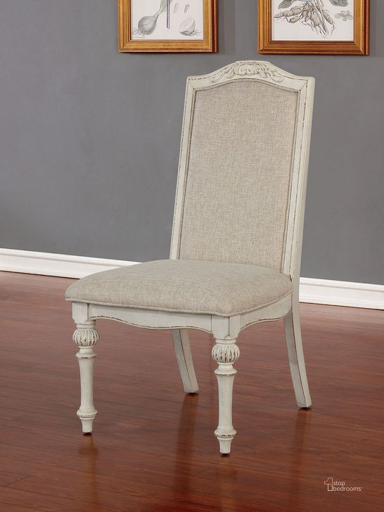 The appearance of Arcadia Side Chair Set of 2 In Antique White designed by Furniture of America in the rustic / southwestern interior design. This antique white piece of furniture  was selected by 1StopBedrooms from Arcadia Collection to add a touch of cosiness and style into your home. Sku: CM3150WH-SC-2PK. Material: Wood. Product Type: Side Chair.