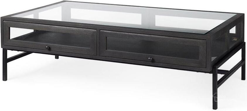 The appearance of Arelius 42 Inch Rectangular Glass-Top Black-Brown Wood With Black Metal Base Display Coffee Table designed by Mercana in the transitional interior design. This black piece of furniture  was selected by 1StopBedrooms from Arelius Collection to add a touch of cosiness and style into your home. Sku: 69746. Material: Wood. Product Type: Coffee Table. Image1