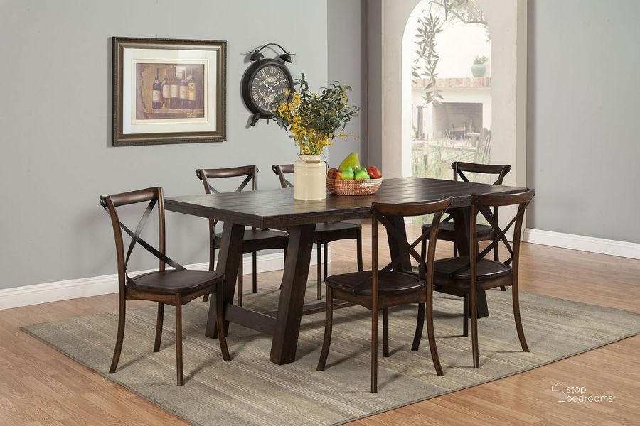 The appearance of Arendal Burnished Dark Oak Trestle Rectangular Dining Room Set designed by Alpine in the transitional interior design. This brown piece of furniture  was selected by 1StopBedrooms from Arendal Collection to add a touch of cosiness and style into your home. Sku: 5672-01;5672-02. Table Base Style: Trestle. Product Type: Dining Room Set. Table Top Shape: Rectangular. Material: Rubberwood. Size: 72". Image1