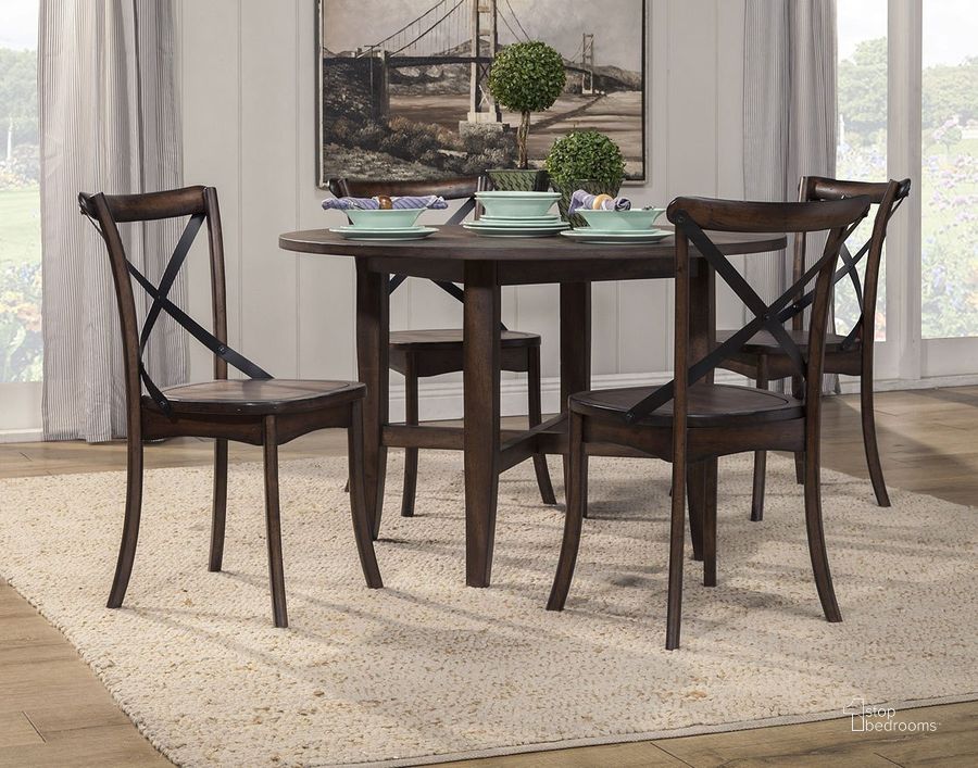 The appearance of Arendal Oak Round Dining Room Set designed by Alpine in the rustic / southwestern interior design. This brown piece of furniture  was selected by 1StopBedrooms from Arendal Collection to add a touch of cosiness and style into your home. Sku: 5672-03;5672-02. Table Base Style: Trestle. Table Top Shape: Round. Product Type: Dining Room Set. Material: Rubberwood. Size: 47". Image1