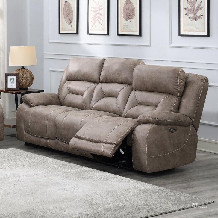The appearance of Aria Power Recliner Sofa In Brown designed by Steve Silver in the transitional interior design. This brown piece of furniture  was selected by 1StopBedrooms from Aria Collection to add a touch of cosiness and style into your home. Sku: AA950SS. Product Type: Reclining Sofa. Material: Plywood. Image1