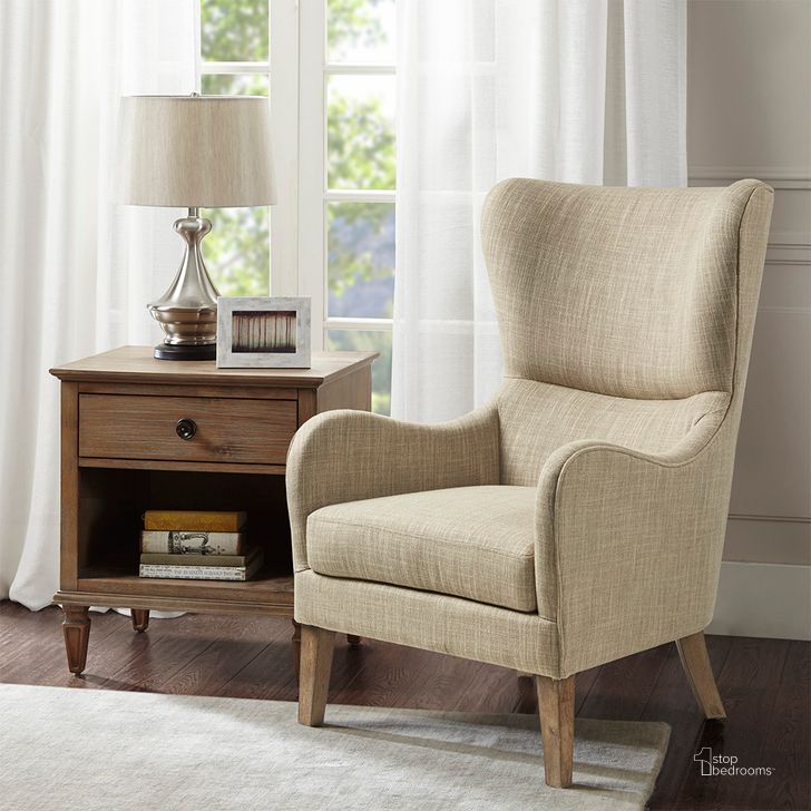 The appearance of Arianna Swoop Wing Chair In Taupe Multi designed by Olliix in the transitional interior design. This taupe multi piece of furniture  was selected by 1StopBedrooms from Arianna Collection to add a touch of cosiness and style into your home. Sku: MP100-0982. Material: Wood. Product Type: Accent Chair. Image1