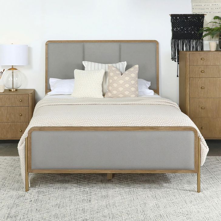 The appearance of Arini Upholstered Queen Panel Bed Sand Wash and Grey designed by Coaster in the transitional interior design. This grey piece of furniture  was selected by 1StopBedrooms from Arini Collection to add a touch of cosiness and style into your home. Sku: 224301QB1;224301QB2;224301QB3. Bed Type: Panel Bed. Product Type: Panel Bed. Bed Size: Queen. Material: Plywood. Image1