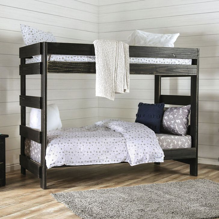 The appearance of Arlette Twin Over Twin Bunk Bed With 2 Slat Kits In Black designed by Furniture of America in the rustic / southwestern interior design. This black piece of furniture  was selected by 1StopBedrooms from Arlette Collection to add a touch of cosiness and style into your home. Sku: AM-BK100BK-1;AM-BK100BK-2;AM-BK100BK-3;AM-SL109-T. Bed Type: Bunk Bed. Material: Wood. Product Type: Bunk Bed. Bed Size: Twin Over Twin. Image1
