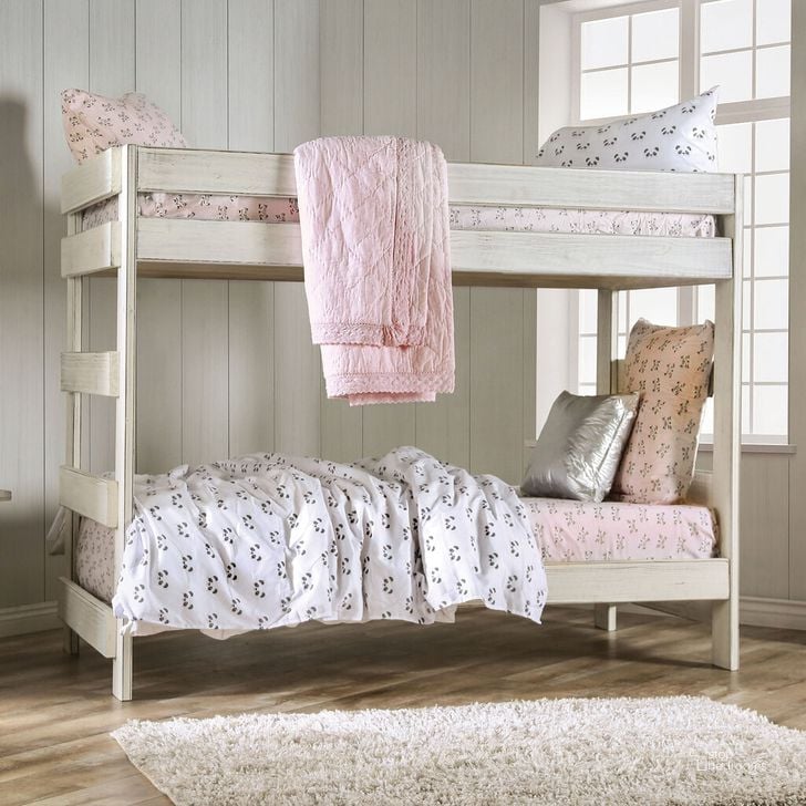 The appearance of Arlette Twin Over Twin Bunk Bed With 2 Slat Kits In White designed by Furniture of America in the rustic / southwestern interior design. This white piece of furniture  was selected by 1StopBedrooms from Arlette Collection to add a touch of cosiness and style into your home. Sku: AM-BK100WH-1;AM-BK100WH-2;AM-BK100WH-3;AM-SL109-T. Bed Type: Bunk Bed. Material: Wood. Product Type: Bunk Bed. Bed Size: Twin Over Twin. Image1
