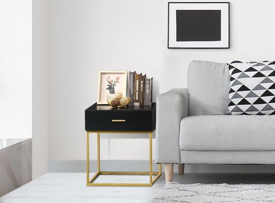 The appearance of Arlo Single Drawer Night Stand In Black and Gold designed by US Tamex in the modern / contemporary interior design. This black and gold piece of furniture  was selected by 1StopBedrooms from Arlo Collection to add a touch of cosiness and style into your home. Sku: 43263. Material: Wood. Product Type: Nightstand. Image1