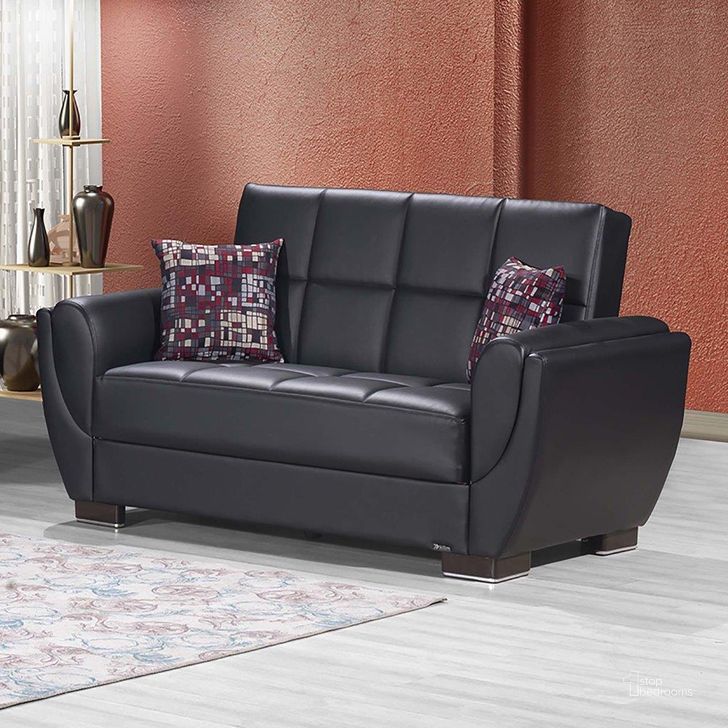 The appearance of Armada Air Upholstered Convertible Loveseat with Storage In Black AIR-LS-115-PU designed by Casamode in the modern / contemporary interior design. This black piece of furniture  was selected by 1StopBedrooms from Armada Air Collection to add a touch of cosiness and style into your home. Sku: AIR-LS-115-PU. Material: Leather. Product Type: Loveseat. Image1