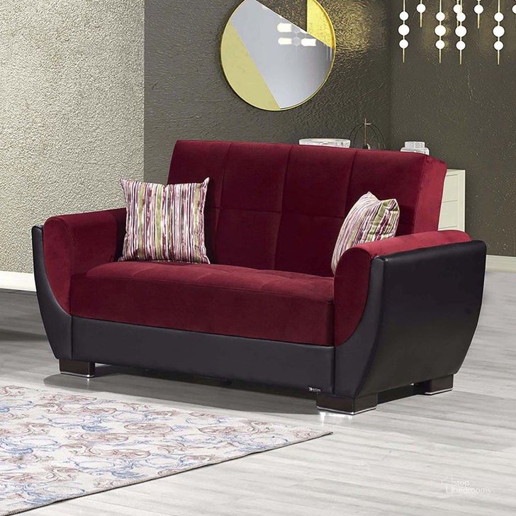The appearance of Armada Air Upholstered Convertible Loveseat with Storage In Burgundy designed by Casamode in the modern / contemporary interior design. This burgundy piece of furniture  was selected by 1StopBedrooms from Armada Air Collection to add a touch of cosiness and style into your home. Sku: AIR-LS-110. Material: Leather. Product Type: Loveseat. Image1