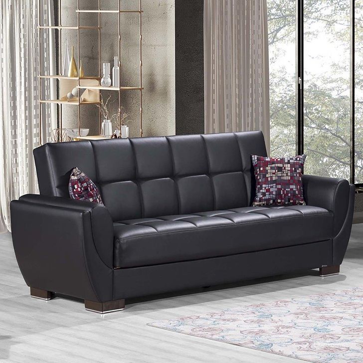 The appearance of Armada Air Upholstered Convertible Sofabed with Storage In Black AIR-SB-115-PU designed by Casamode in the modern / contemporary interior design. This black piece of furniture  was selected by 1StopBedrooms from Armada Air Collection to add a touch of cosiness and style into your home. Sku: AIR-SB-115-PU. Material: Leather. Product Type: Sofa Bed. Image1