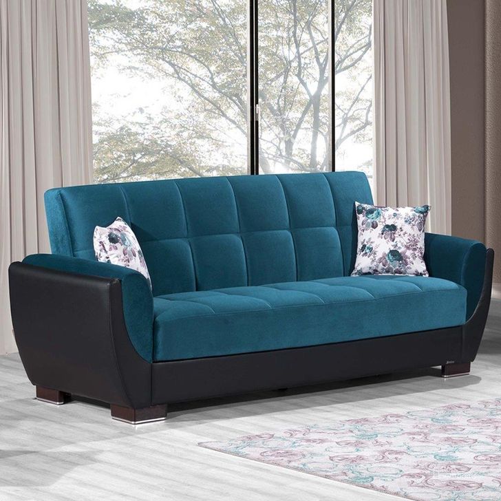 The appearance of Armada Air Upholstered Convertible Sofabed with Storage In Blue AIR-SB-117 designed by Casamode in the modern / contemporary interior design. This blue piece of furniture  was selected by 1StopBedrooms from Armada Air Collection to add a touch of cosiness and style into your home. Sku: AIR-SB-117. Material: Leather. Product Type: Sofa Bed. Image1