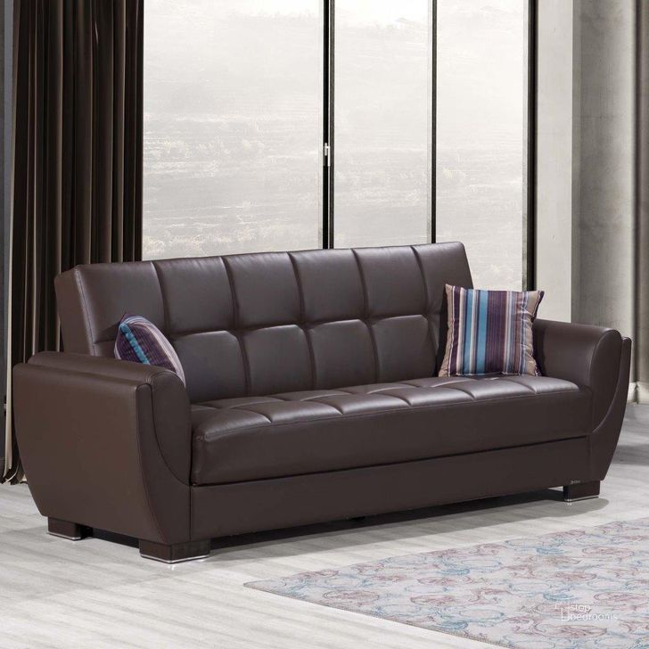 The appearance of Armada Air Upholstered Convertible Sofabed with Storage In Brown AIR-SB-116-PU designed by Casamode in the modern / contemporary interior design. This brown piece of furniture  was selected by 1StopBedrooms from Armada Air Collection to add a touch of cosiness and style into your home. Sku: AIR-SB-116-PU. Material: Leather. Product Type: Sofa Bed. Image1