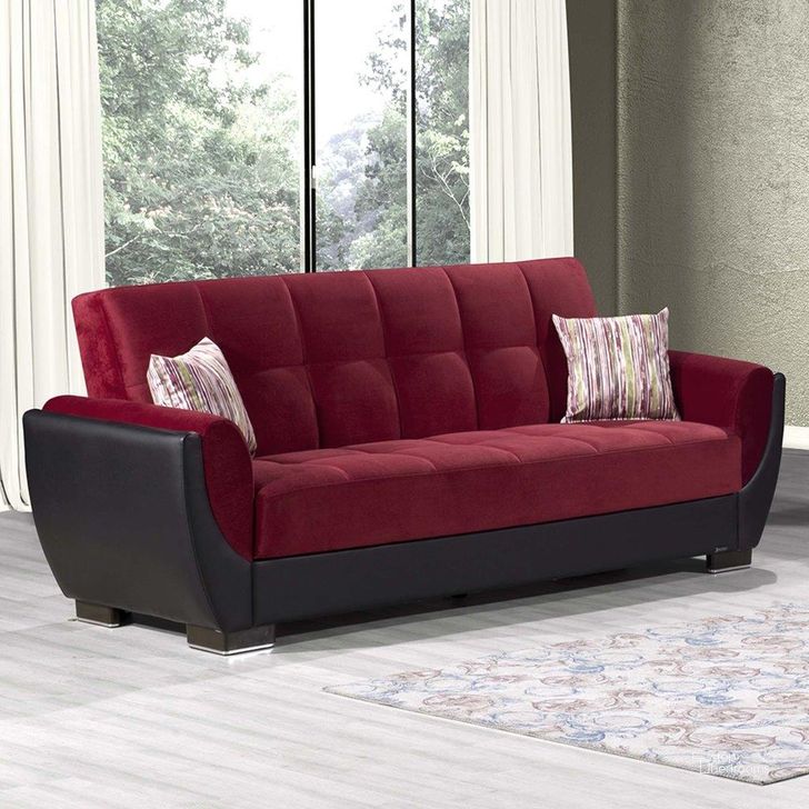 The appearance of Armada Air Upholstered Convertible Sofabed with Storage In Burgundy designed by Casamode in the modern / contemporary interior design. This burgundy piece of furniture  was selected by 1StopBedrooms from Armada Air Collection to add a touch of cosiness and style into your home. Sku: AIR-SB-110. Material: Leather. Product Type: Sofa Bed. Image1
