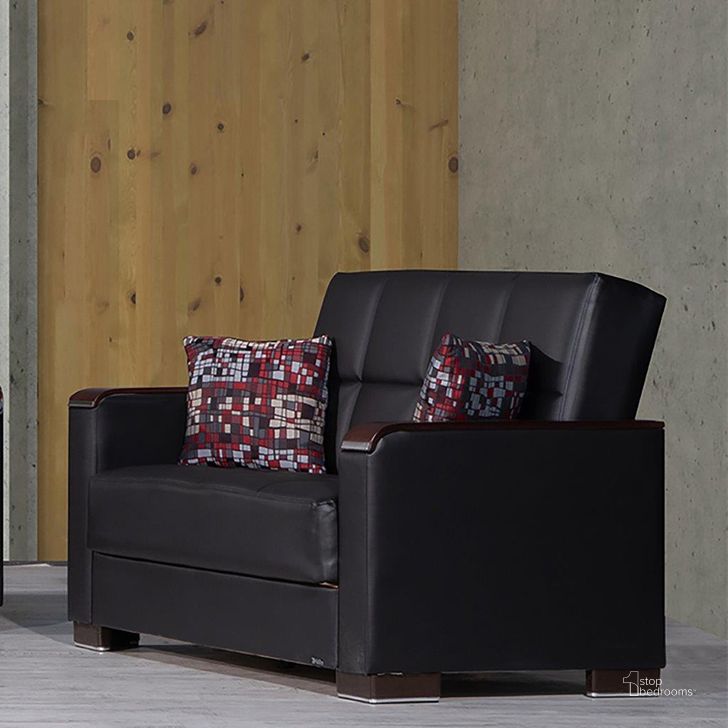 The appearance of Armada X Upholstered Convertible Wood Trimmed Loveseat with Storage In Black ARM-W-LS-315-PU designed by Casamode in the modern / contemporary interior design. This black piece of furniture  was selected by 1StopBedrooms from Armada X Collection to add a touch of cosiness and style into your home. Sku: ARM-W-LS-315-PU. Material: Leather. Product Type: Loveseat. Image1