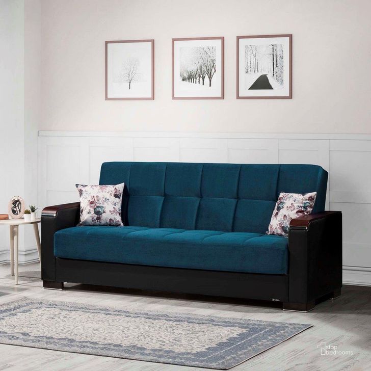 The appearance of Armada X Upholstered Convertible Wood Trimmed Sofabed with Storage In Blue ARM-W-SB-317 designed by Casamode in the modern / contemporary interior design. This blue piece of furniture  was selected by 1StopBedrooms from Armada X Collection to add a touch of cosiness and style into your home. Sku: ARM-W-SB-317. Material: Leather. Product Type: Sofa Bed. Image1