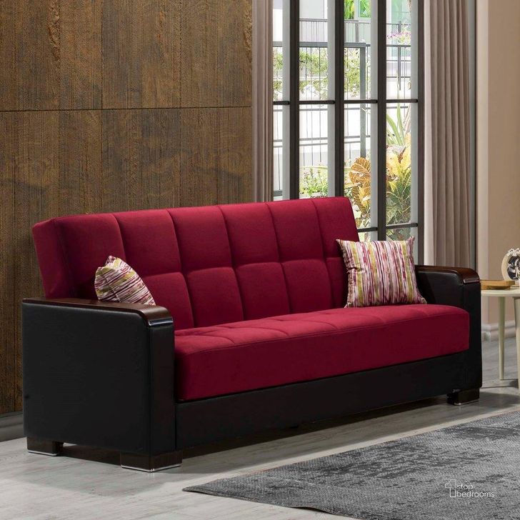 The appearance of Armada X Upholstered Convertible Wood Trimmed Sofabed with Storage In Burgundy designed by Casamode in the modern / contemporary interior design. This burgundy piece of furniture  was selected by 1StopBedrooms from Armada X Collection to add a touch of cosiness and style into your home. Sku: ARM-W-SB-310. Material: Leather. Product Type: Sofa Bed. Image1