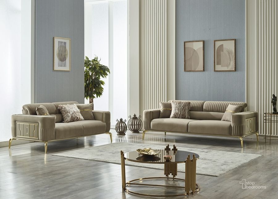 The appearance of Armoni Loveseat In Beige designed by Furnia in the  interior design. This beige piece of furniture  was selected by 1StopBedrooms from Armoni Collection to add a touch of cosiness and style into your home. Sku: 101-ARM-GRA340-2. Material: Wood. Product Type: Loveseat. Image1