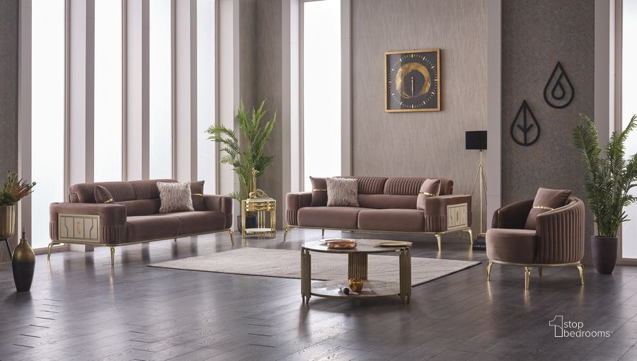 The appearance of Armoni Sofa In Brown designed by Furnia in the  interior design. This brown piece of furniture  was selected by 1StopBedrooms from Armoni Collection to add a touch of cosiness and style into your home. Sku: 101-ARM-LV406-3. Material: Wood. Product Type: Sofa. Image1