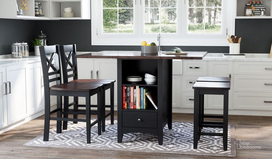 The appearance of Asbury Park Counter Height Drop Leaf Dining Set w/ Chair Choices (Black) designed by Jofran in the transitional interior design. This black piece of furniture  was selected by 1StopBedrooms from Asbury Park Collection to add a touch of cosiness and style into your home. Sku: 1846-48;1846-BS175KD;1846-BS175KD. Material: Wood. Product Type: Dining Room Set. Table Top Shape: Rectangular. Image1