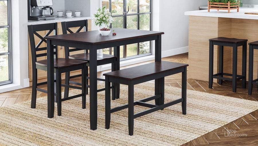 The appearance of Asbury Park Farmhouse 4-Pack Dining Set - Counter Table With 2 Stools And Bench In Black and Brown designed by Jofran in the transitional interior design. This black and brown piece of furniture  was selected by 1StopBedrooms from Asbury Park Collection to add a touch of cosiness and style into your home. Sku: 1846. Product Type: Dining Room Set. Material: Wood Veneer. Image1