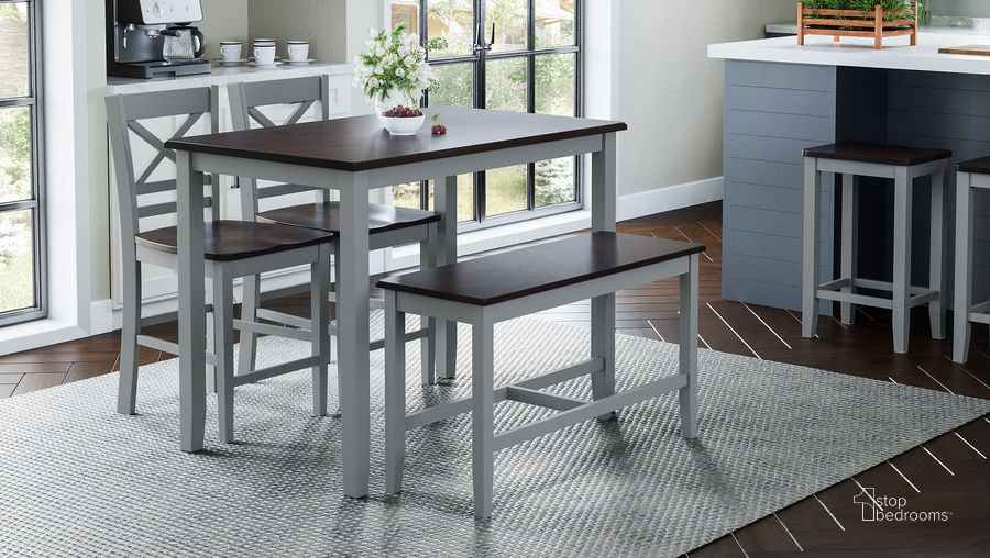 The appearance of Asbury Park Farmhouse 4-Pack Dining Set - Counter Table With 2 Stools And Bench In Brown and Grey designed by Jofran in the transitional interior design. This brown and grey piece of furniture  was selected by 1StopBedrooms from Asbury Park Collection to add a touch of cosiness and style into your home. Sku: 1816. Product Type: Dining Room Set. Material: Wood Veneer. Image1