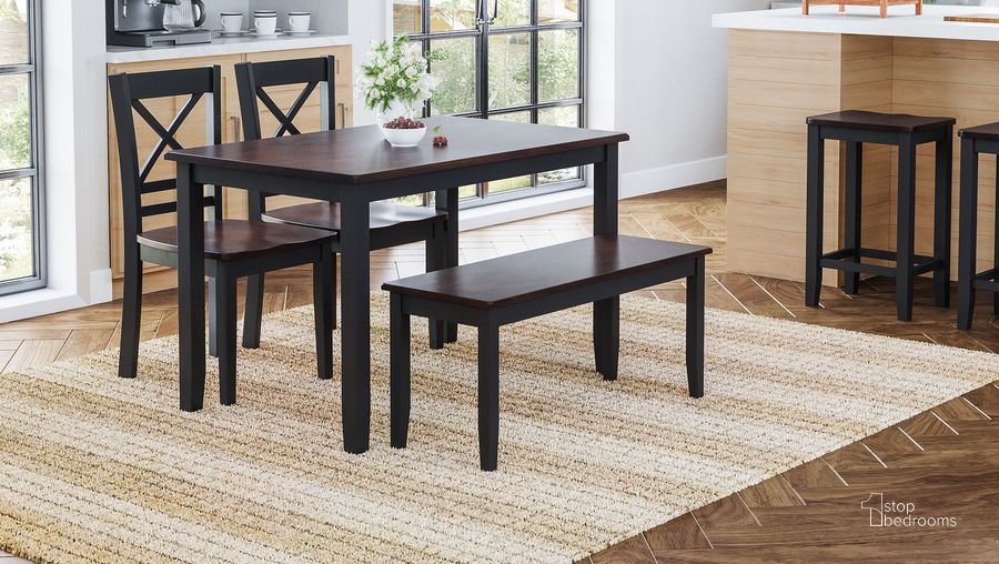 The appearance of Asbury Park Farmhouse 4-Pack Dining Set - Table With 2 Chairs And Bench In Black and Brown designed by Jofran in the transitional interior design. This black and brown piece of furniture  was selected by 1StopBedrooms from Asbury Park Collection to add a touch of cosiness and style into your home. Sku: 1845. Product Type: Dining Room Set. Material: Wood Veneer. Image1