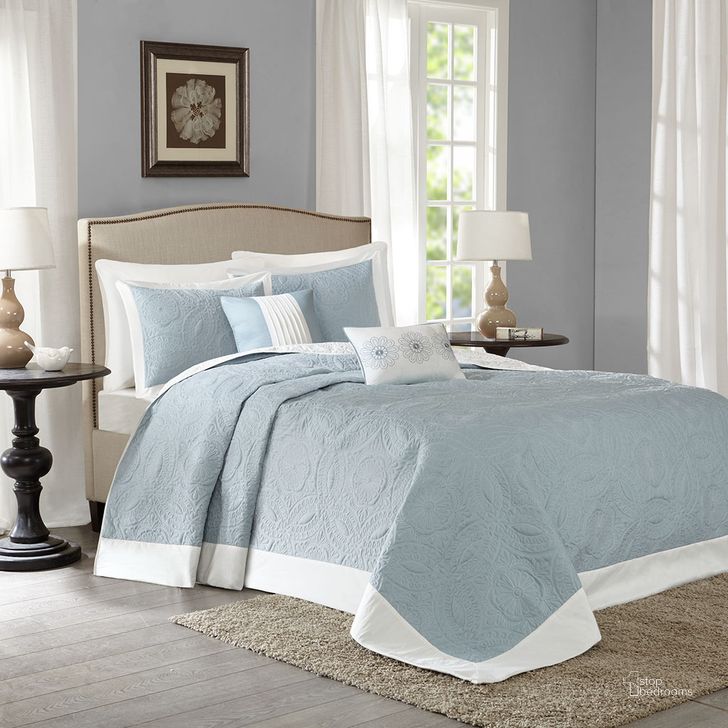 The appearance of Ashbury Polyester Microfiber 5 Piece Queen Bedspread Set In Blue designed by Olliix in the traditional interior design. This blue piece of furniture  was selected by 1StopBedrooms from Ashbury Collection to add a touch of cosiness and style into your home. Sku: MP13-2628. Material: Polyester. Bed Size: Queen. Product Type: Comforter Set. Image1