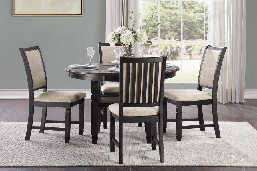 The appearance of Asher Brown And Black Dining Room Set designed by Homelegance in the transitional interior design. This black and brown piece of furniture  was selected by 1StopBedrooms from Asher Collection to add a touch of cosiness and style into your home. Sku: 5800BK-48RD;5800BKS. Table Base Style: Pedestal. Table Top Shape: Round. Material: Wood. Product Type: Dining Room Set. Image1