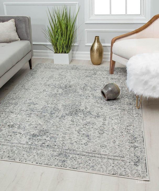The appearance of Astor AD95A Precious Platinum Transitional Abstract Gray 5' x 7' Area Rug designed by Rugs America in the transitional interior design. This gray piece of furniture  was selected by 1StopBedrooms from Astor Collection to add a touch of cosiness and style into your home. Sku: RA30360. Material: Polyester. Product Type: Area Rugs. Image1