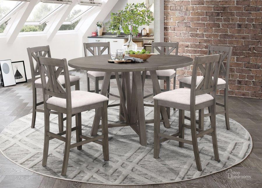 The appearance of Athens Barn Grey Counter Height Dining Room Set designed by Coaster in the transitional interior design. This gray piece of furniture  was selected by 1StopBedrooms from Athens Collection to add a touch of cosiness and style into your home. Sku: 109858B1;109858B2;109859. Table Base Style: Pedestal. Table Top Shape: Round. Product Type: Dining Room Set. Material: MDF. Size: 60". Image1