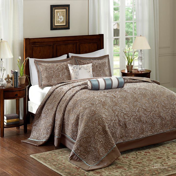The appearance of Aubrey 5 Piece Jacquard Queen Bedspread Set In Blue/Brown designed by Olliix in the traditional interior design. This blue/brown piece of furniture  was selected by 1StopBedrooms from Aubrey Collection to add a touch of cosiness and style into your home. Sku: MP13-4338. Material: Polyester. Bed Size: Queen. Product Type: Comforter Set. Image1