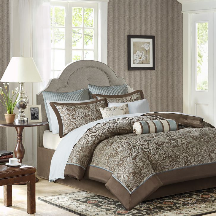 The appearance of Aubrey Jacquard 12 Pcs California King Comforter Set In Blue/Brown designed by Olliix in the traditional interior design. This blue/brown piece of furniture  was selected by 1StopBedrooms from Aubrey Collection to add a touch of cosiness and style into your home. Sku: MP10-117. Material: Polyester. Bed Size: California King. Product Type: Comforter Set. Image1