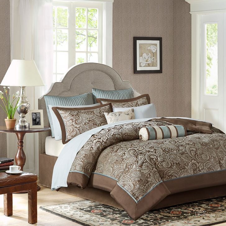 The appearance of Aubrey Jacquard 12 Pcs King Comforter Set In Blue/Brown designed by Olliix in the traditional interior design. This blue/brown piece of furniture  was selected by 1StopBedrooms from Aubrey Collection to add a touch of cosiness and style into your home. Sku: MP10-116. Material: Polyester. Bed Size: King. Product Type: Comforter Set. Image1
