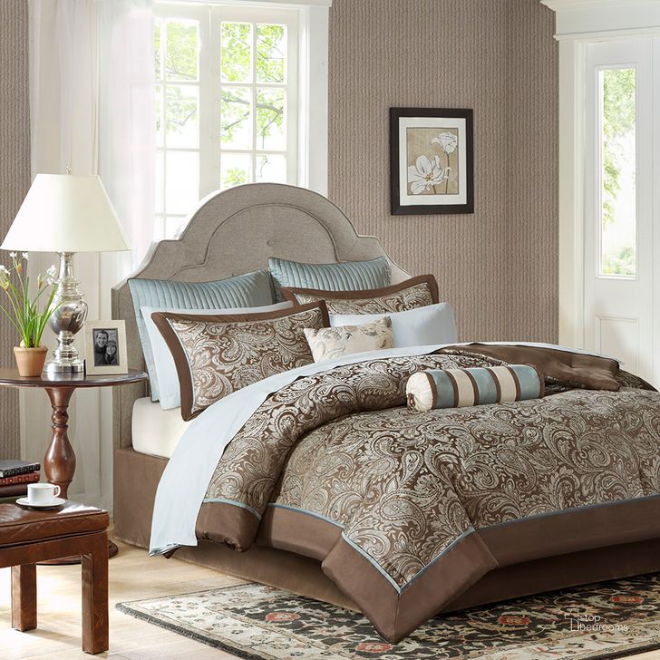 The appearance of Aubrey Jacquard 12 Pcs Queen Comforter Set In Blue/Brown designed by Olliix in the traditional interior design. This blue/brown piece of furniture  was selected by 1StopBedrooms from Aubrey Collection to add a touch of cosiness and style into your home. Sku: MP10-115. Material: Polyester. Bed Size: Queen. Product Type: Comforter Set. Image1