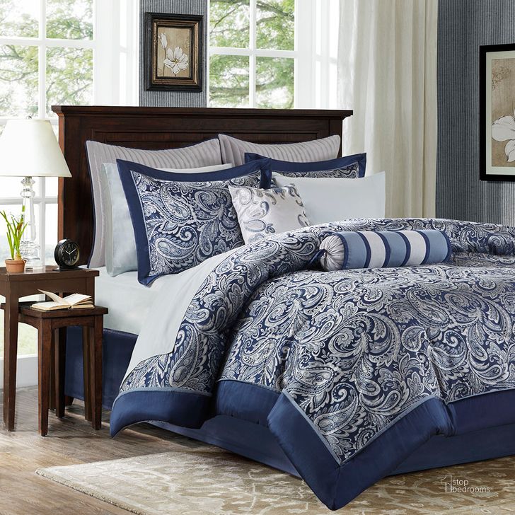 The appearance of Aubrey Polyester Jacquard 12Pcs Queen Comforter Set In Navy designed by Olliix in the traditional interior design. This navy piece of furniture  was selected by 1StopBedrooms from Aubrey Collection to add a touch of cosiness and style into your home. Sku: MP10-4695. Material: Polyester. Bed Size: Queen. Product Type: Comforter Set. Image1