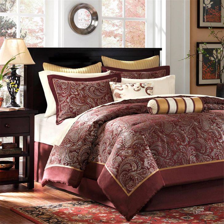 The appearance of Aubrey Polyester Jacquard Queen Comforter 12Pcs Set With Piping In Red designed by Olliix in the traditional interior design. This red piece of furniture  was selected by 1StopBedrooms from Aubrey Collection to add a touch of cosiness and style into your home. Sku: MP10-319. Material: Polyester. Bed Size: Queen. Product Type: Comforter Set. Image1
