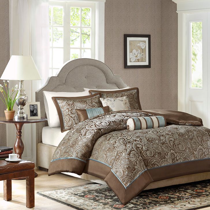 The appearance of Aubrey Polyester Jacquard Queen Duvet 6Pcs Set With Piping In Blue/Brown designed by Olliix in the traditional interior design. This blue/brown piece of furniture  was selected by 1StopBedrooms from Aubrey Collection to add a touch of cosiness and style into your home. Sku: MP12-276. Material: Polyester. Bed Size: Queen. Product Type: Duvet Set. Image1