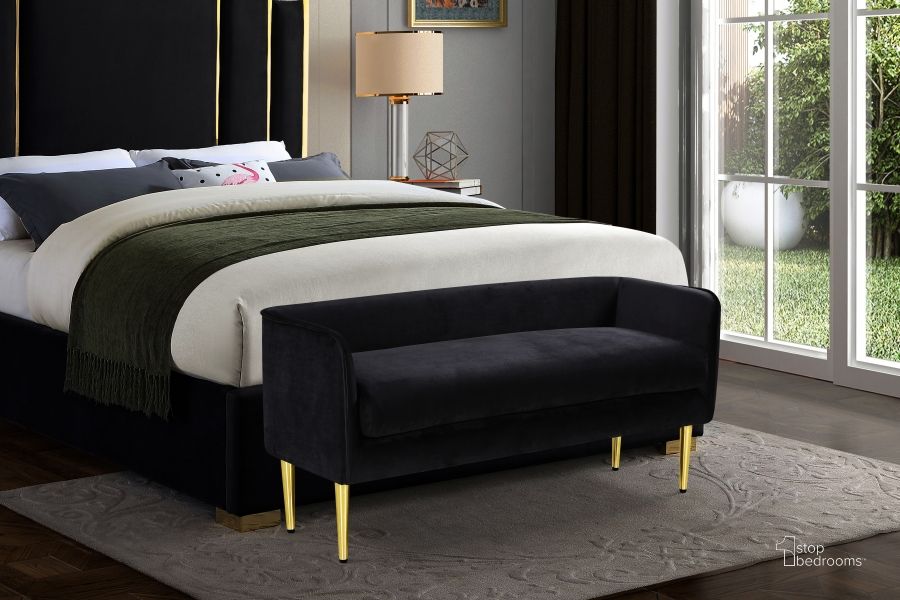 The appearance of Audrey Black Velvet Bench designed by Meridian in the modern / contemporary interior design. This black velvet piece of furniture  was selected by 1StopBedrooms from Audrey Collection to add a touch of cosiness and style into your home. Sku: 184Black. Product Type: Bench. Material: Velvet. Image1